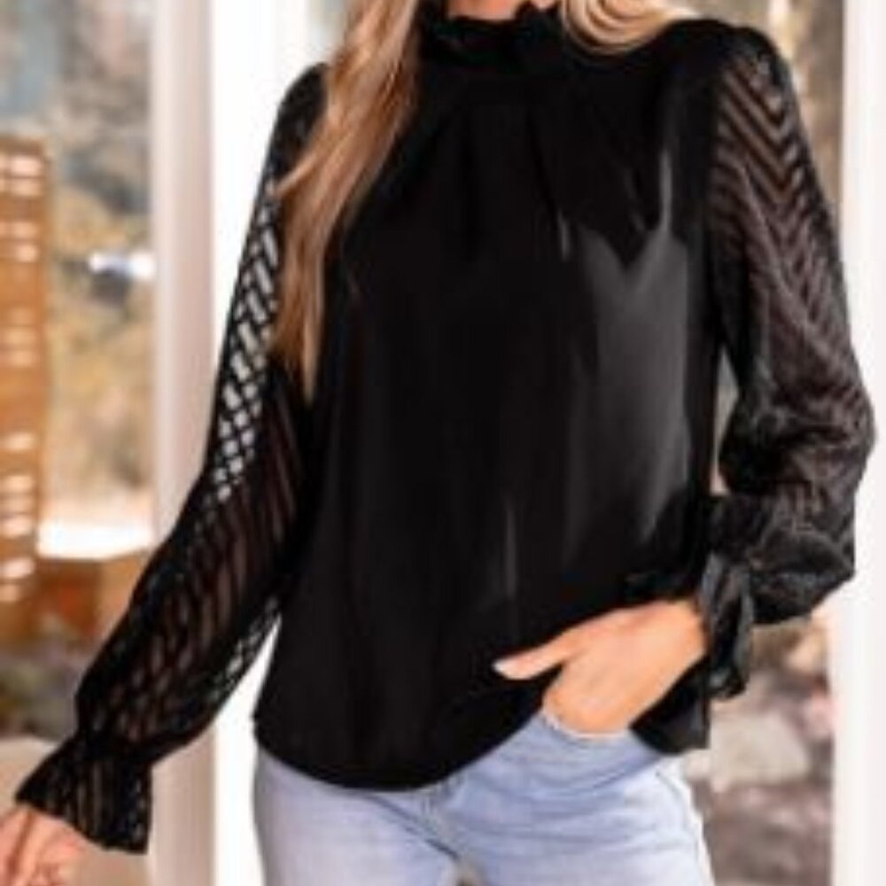 Black Standing Collar Sheer Long Sleeve Blouse